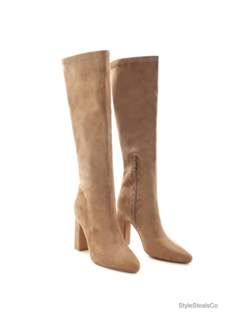 Knee High Stretch Block Heel Boots Faux Suede Pointed Toe Tall Boots